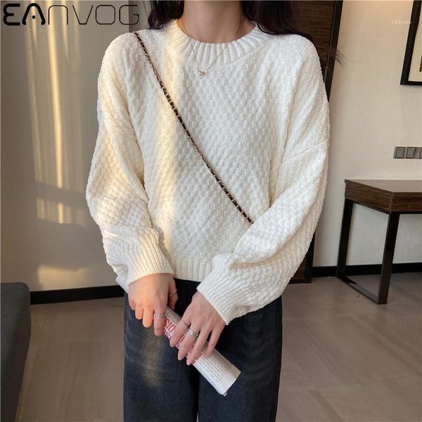 eanvog chenille lantern sleeve solid sweater women christmas knitted loose o neck warm jumper oversize short basic pullovers women's, White;black